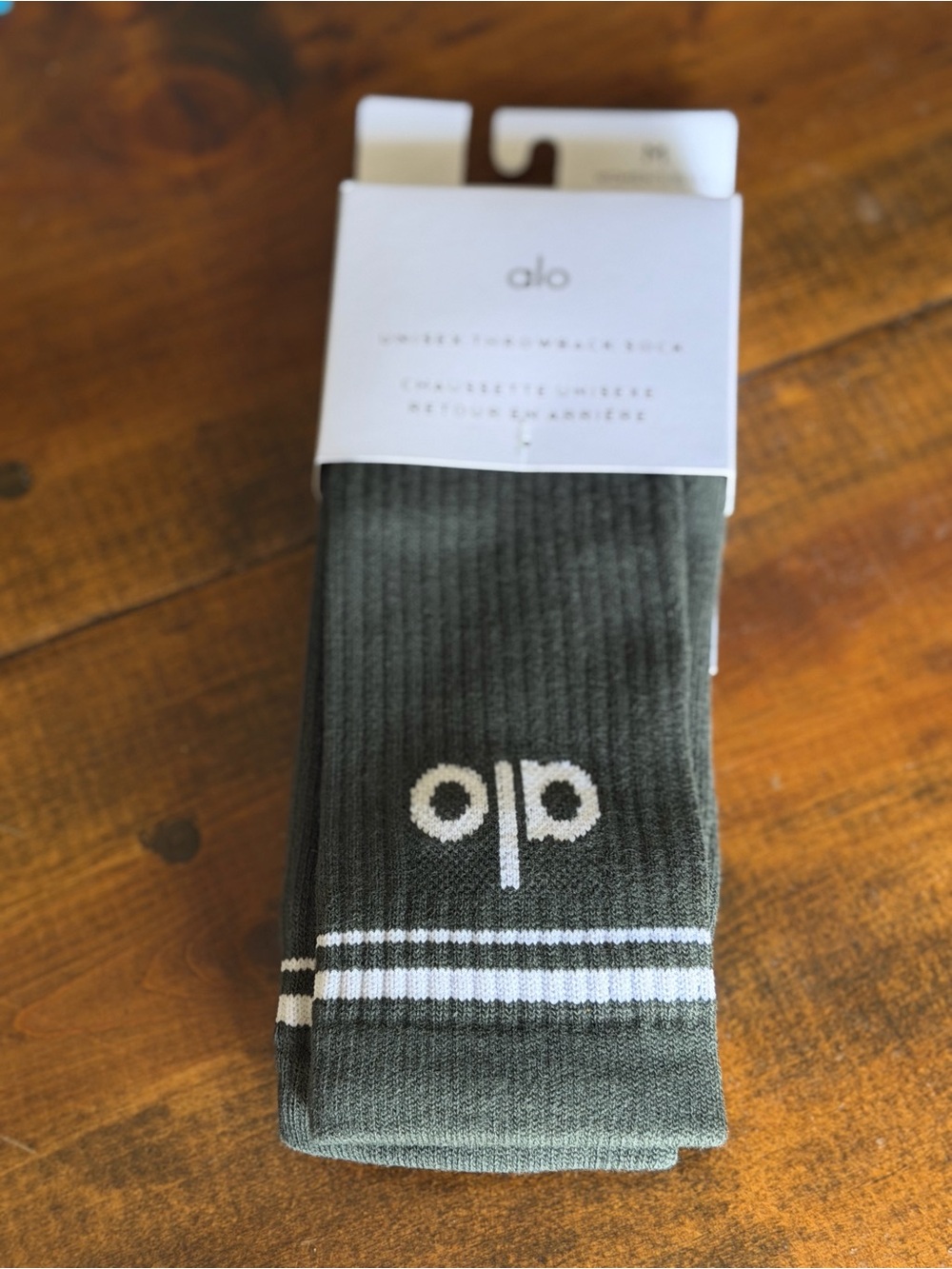 ALO Yoga Ribbed Crew Socks in Charcoal Green with White Stripes